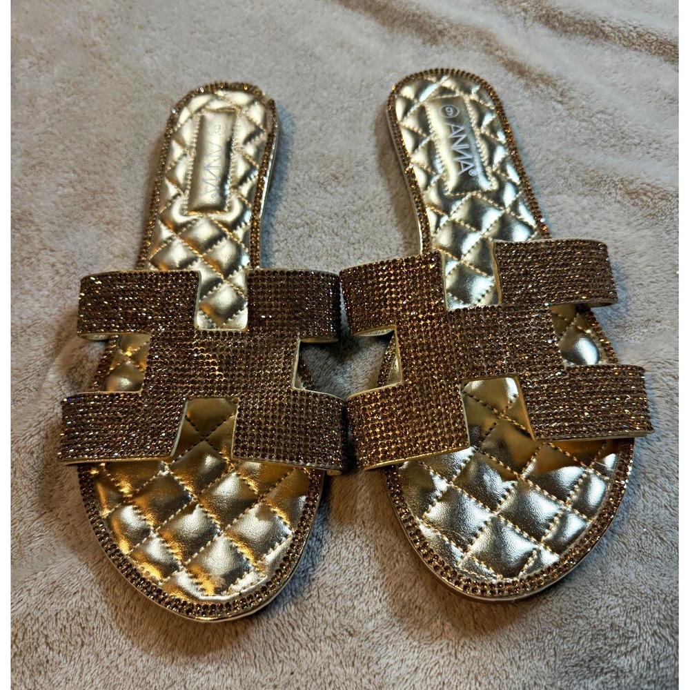 ANNA Women's Gold Rhinestone Shiny Glitter Slide Sandals Open Toe Slip-On US 9